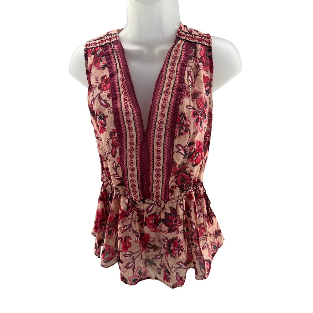 Kate Spade New York Floral Peplum Top Pink Gold Metallic V-Neck Back Tie XS